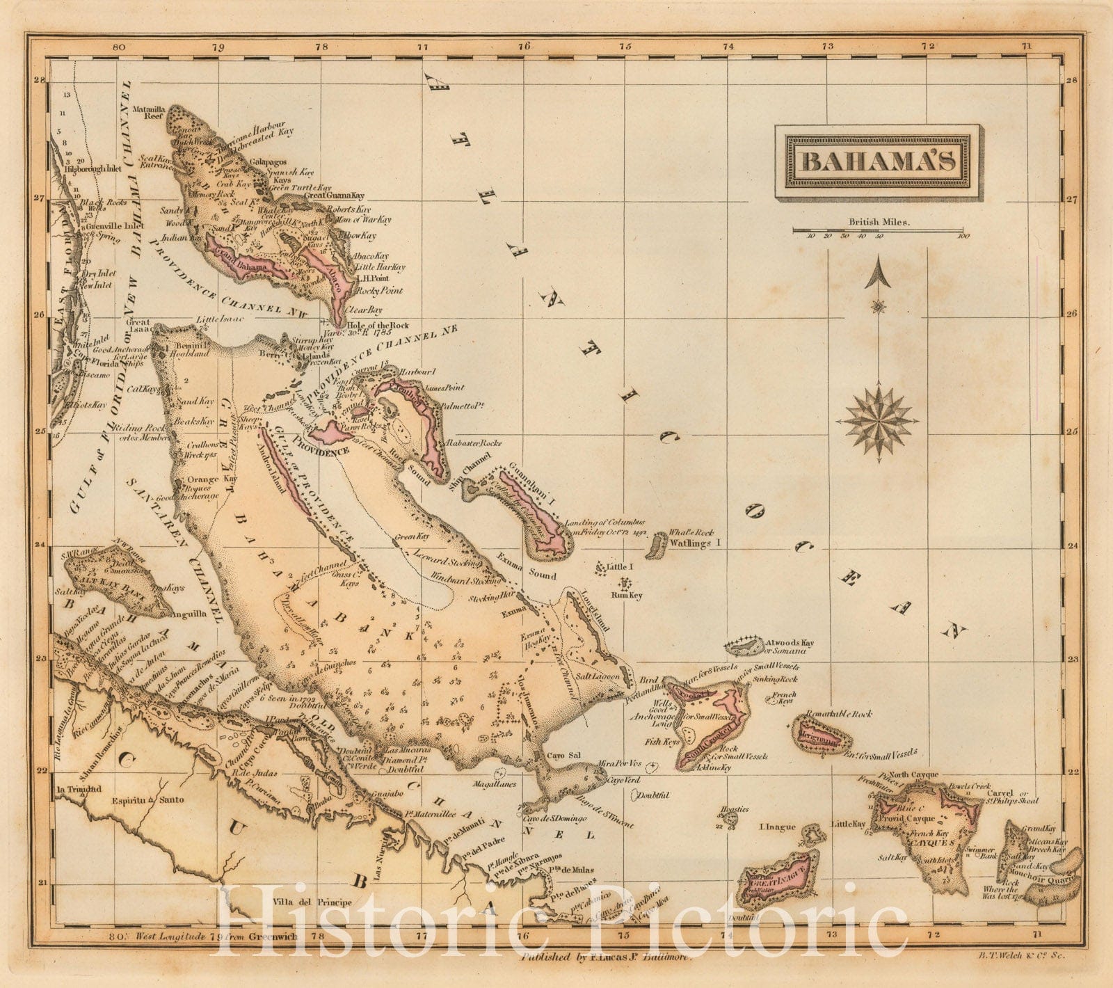 Bahamas Map 1823 - Hand-Colored Historical Atlas Print