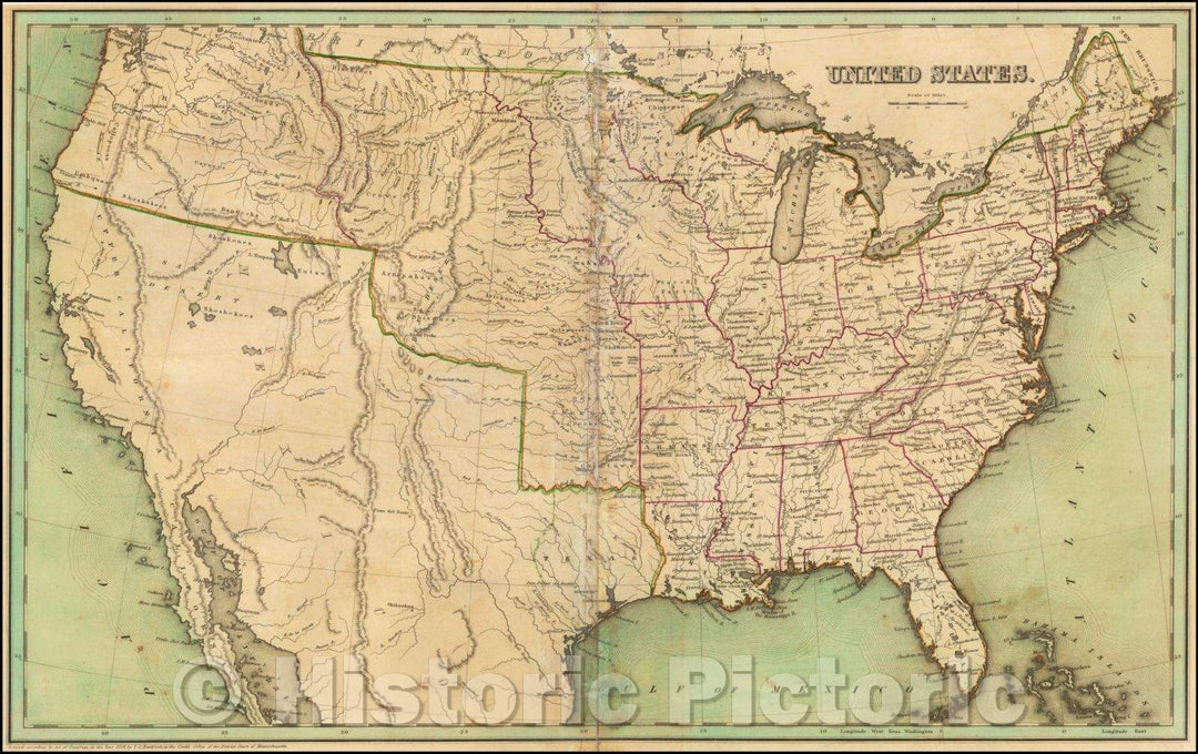 Historic Map - United States (Rare 1st State), 1838, Thomas Gamaliel Bradford - Vintage Wall Art