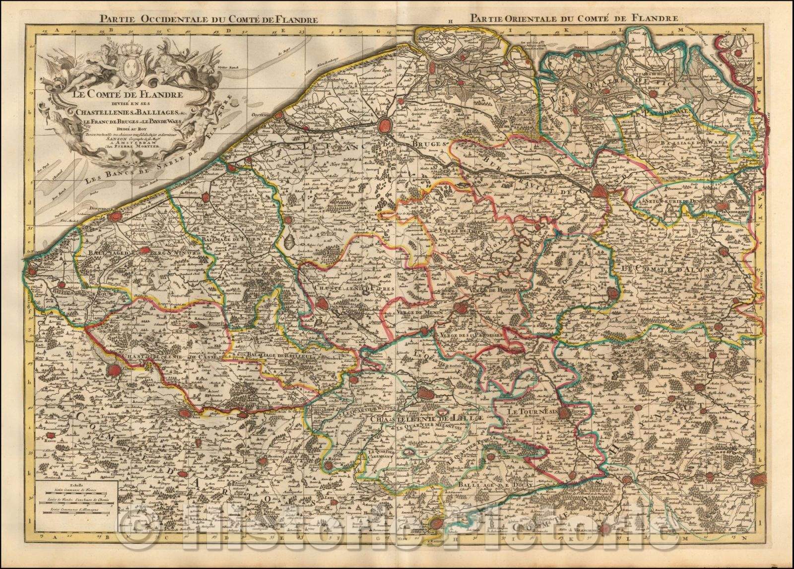 Historic Map - Le Comte de Flandre divise en ses Chastellenies, et Balliages, Le Fran :: The Count of Flanders divided into its Chastellenies and Balliages, 1700 - Vintage Wall Art