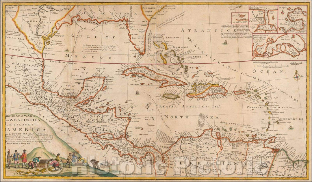 Historic Map - Seat of War in the West-Indies, or the Islands of America in the North Sea, 1702, Herman Moll - Vintage Wall Art