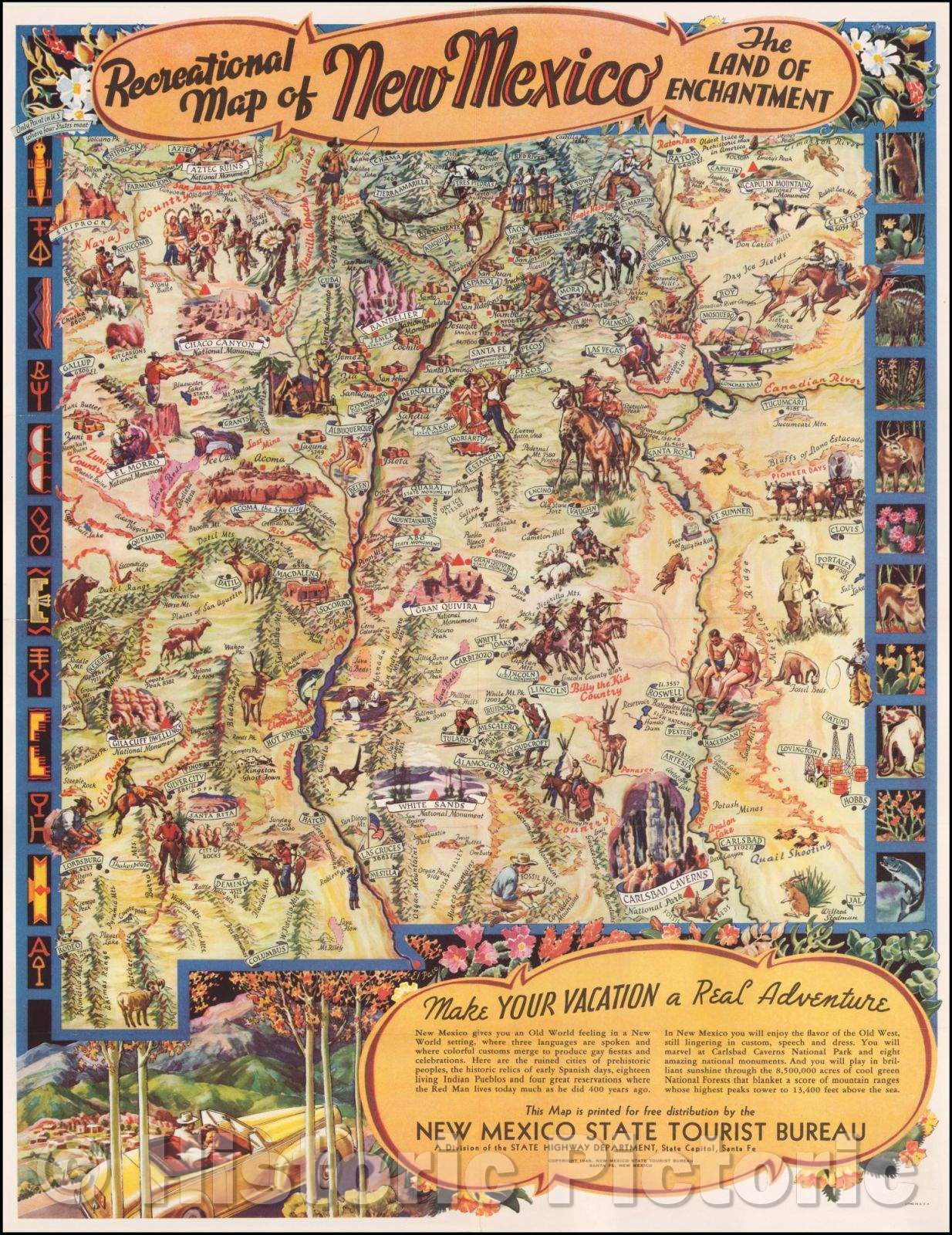 Historic Map - Recreational Map of New Mexico The Land of Enchantment, 1947, Wilfred Stedman - Vintage Wall Art