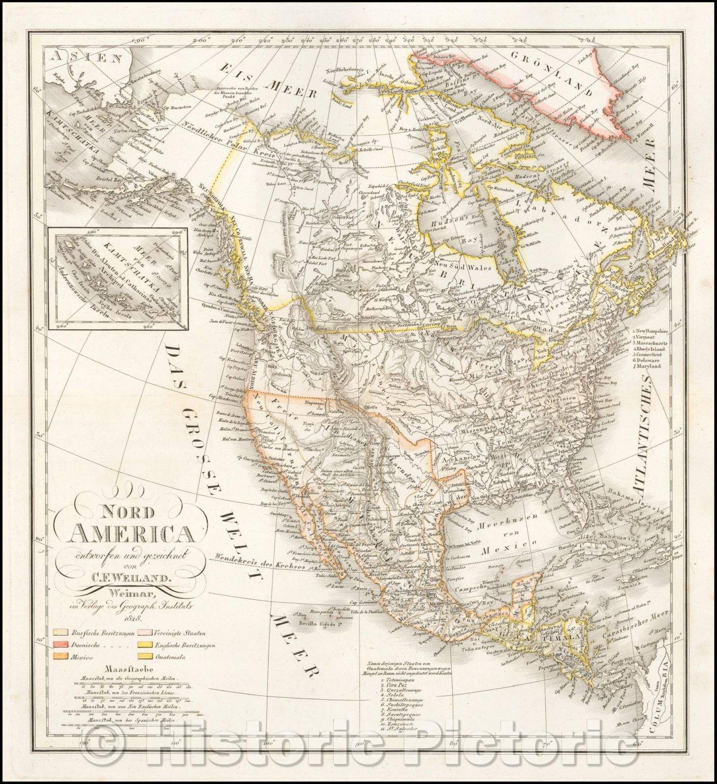 Historic Map - Nord America entworfen und gezeichnet von C.F. Weiland/Map of North America, on the eve of Texas Independence, 1828, Carl Ferdinand Weiland - Vintage Wall Art