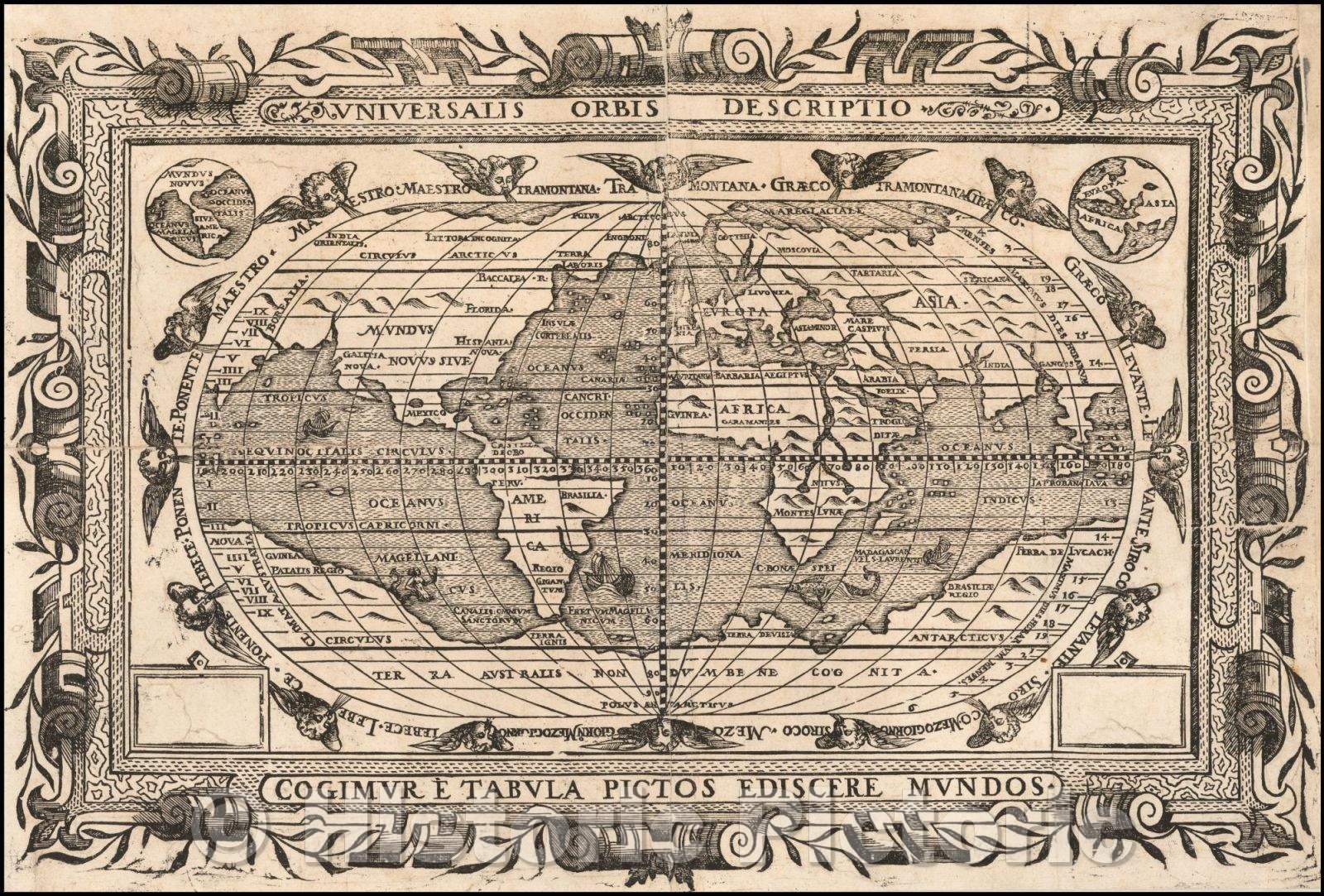 Historic Map - Universalis Orbis Descriptio/With 16 Windheads and Classical Border, 1590, Joannes Myritius - Vintage Wall Art