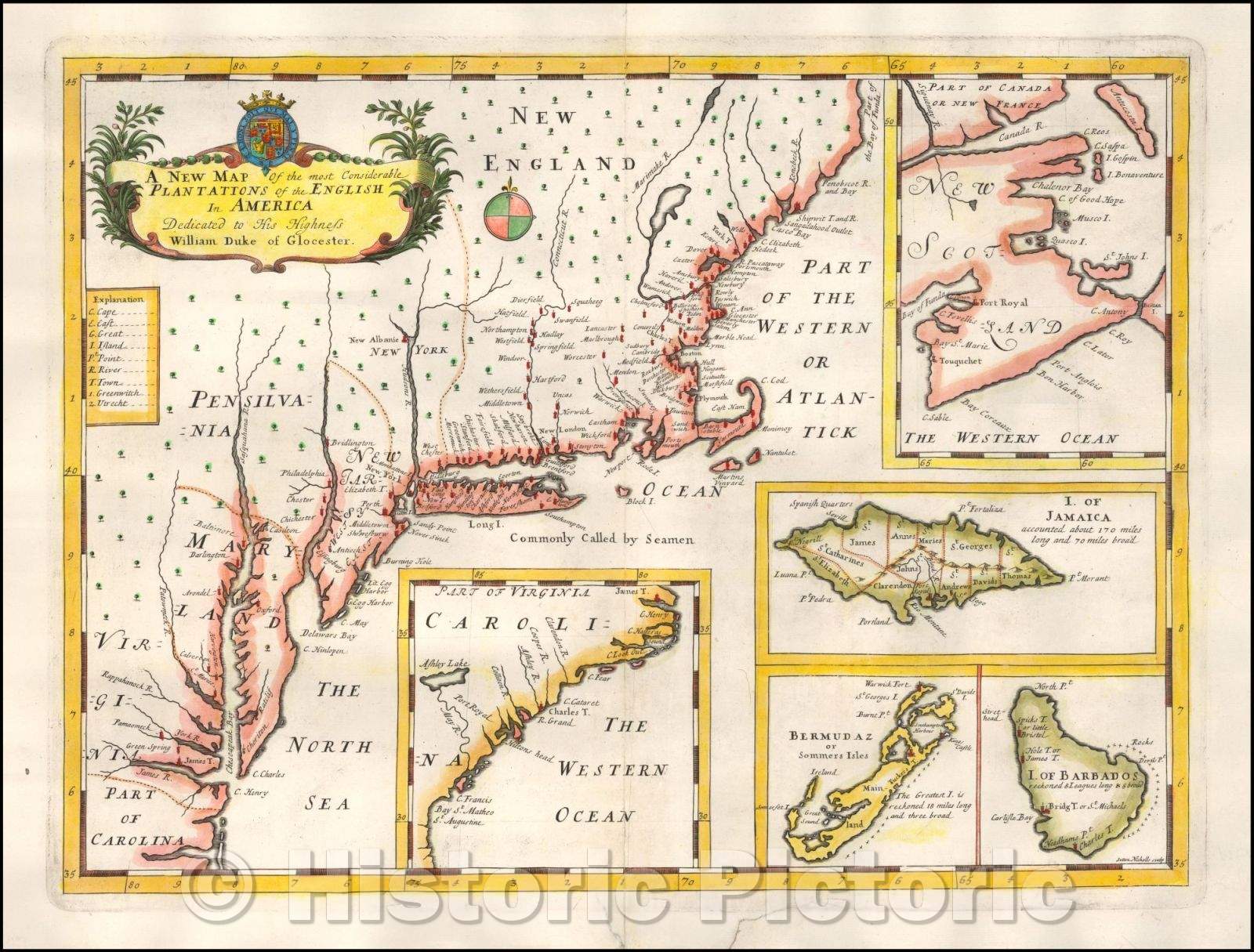 Historic Map - The most Considerable Plantations of the English In America, 1700, Edward Wells - Vintage Wall Art
