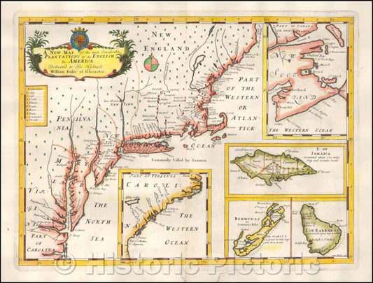 Historic Map - The most Considerable Plantations of the English In America, 1700, Edward Wells - Vintage Wall Art
