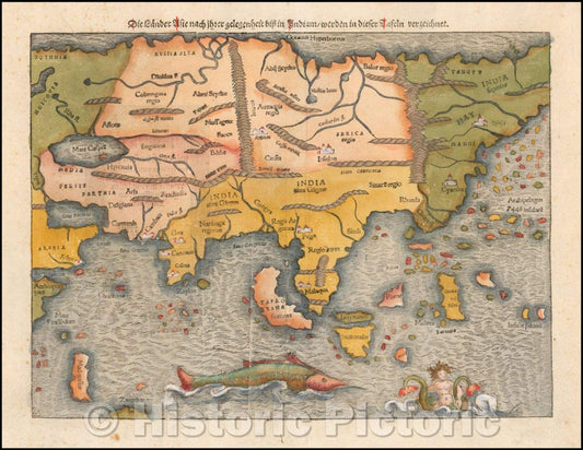 Historic Map - Die Lander Asie nach ihrer gelegenheit bisz in Indiam werden in dieser Tafeln verzeichnet/The First Map of the Asian Continent, 1550 - Vintage Wall Art