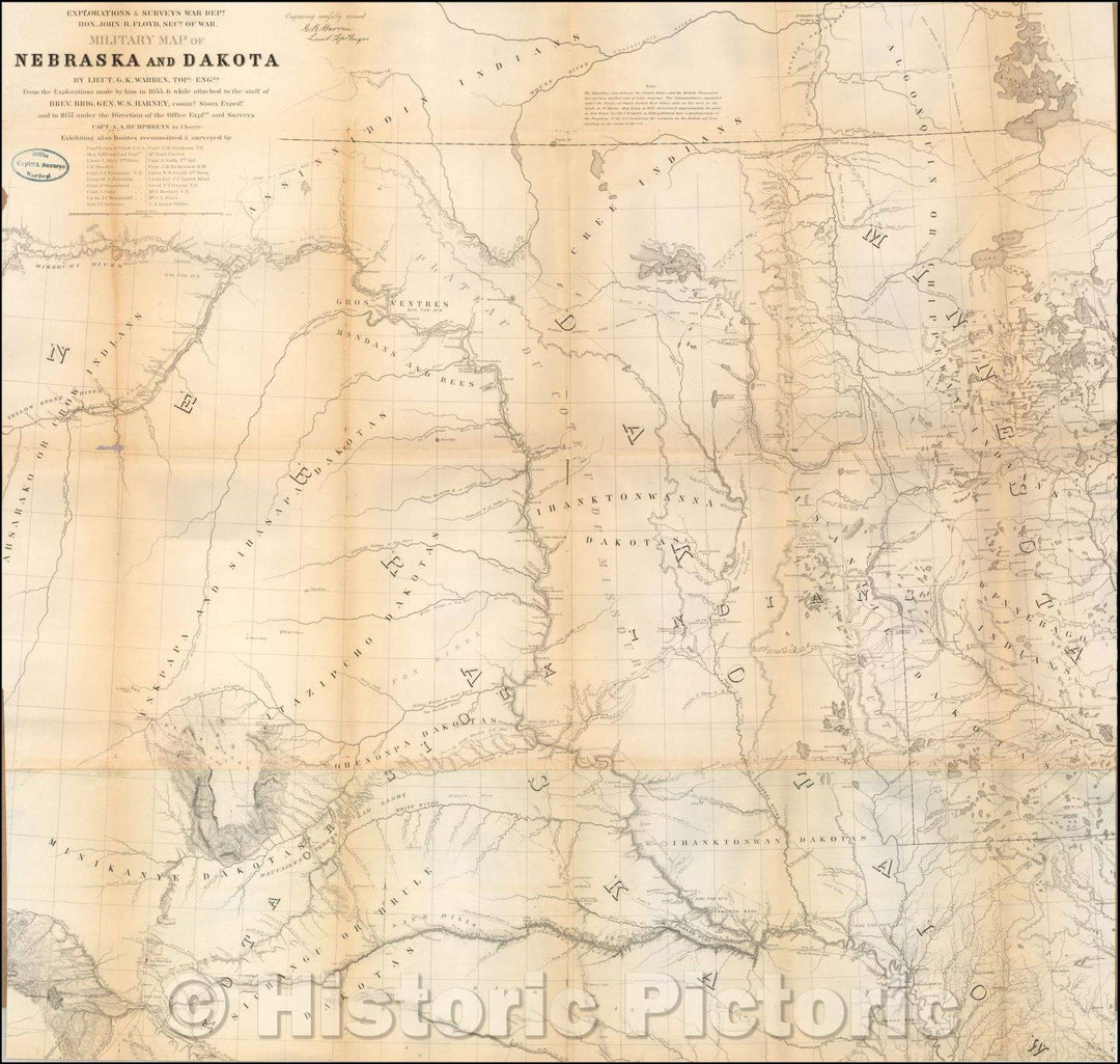Historic Map - Military Map of Nebraska and Dakota, 1858, G.K. Warren - Vintage Wall Art