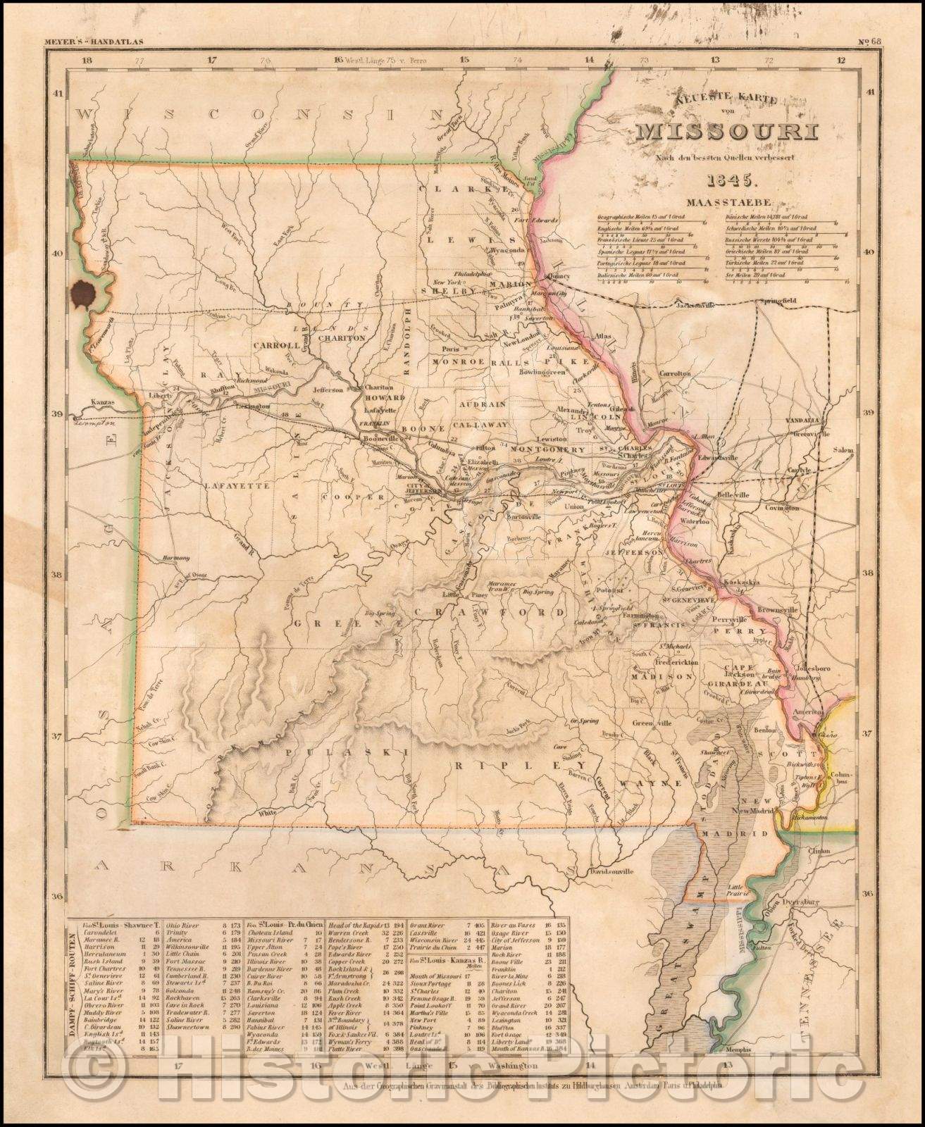 Historic Map - Neueste Karte von Missouri, 1845, Joseph Meyer - Vintage Wall Art