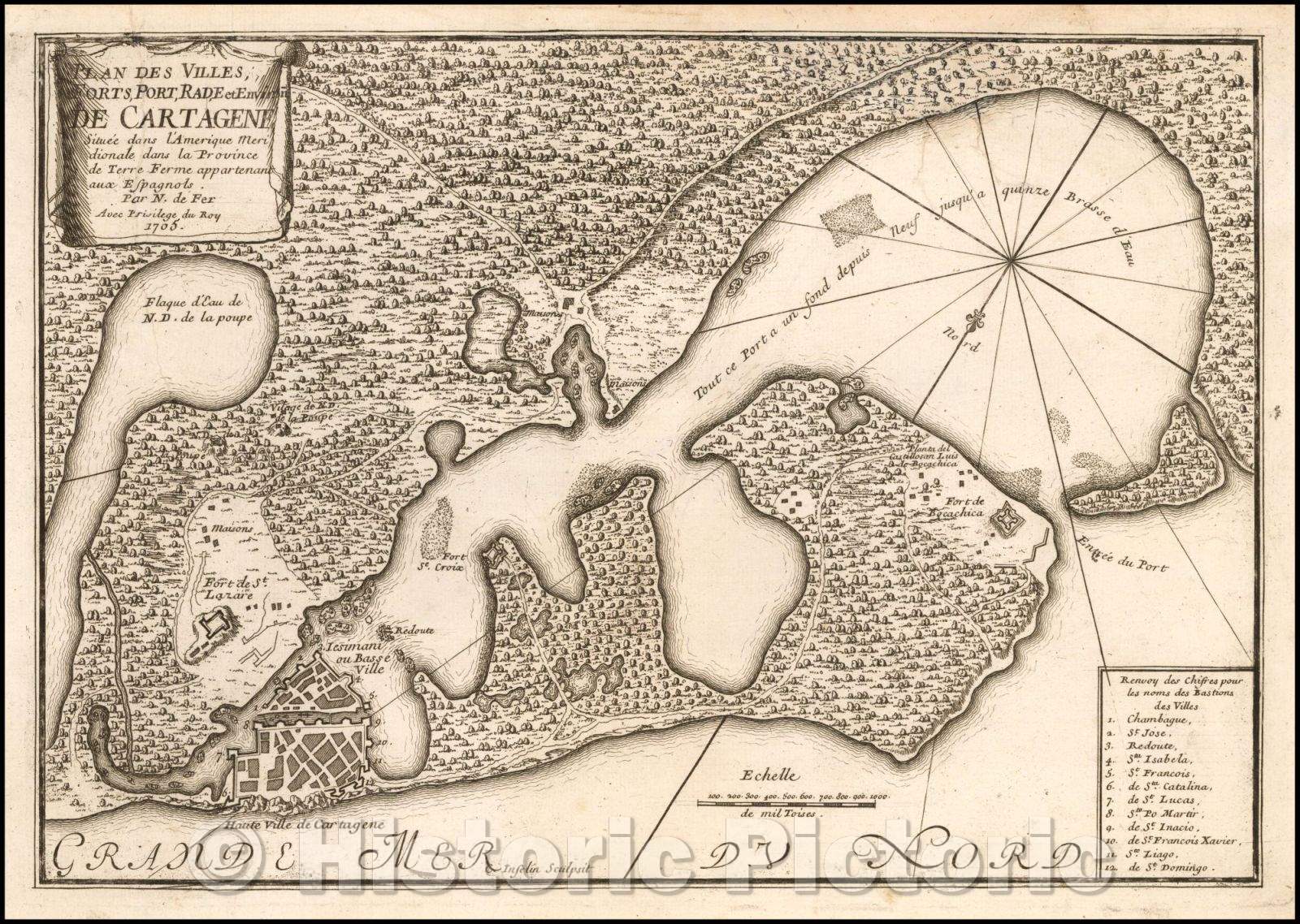 Historic Map - Plans des Villes, Forts, Port, Rade et Environ De Cartagene/Cities plans, Strong, Port, and Rade From Around Cartagena. 1705, 1705 - Vintage Wall Art
