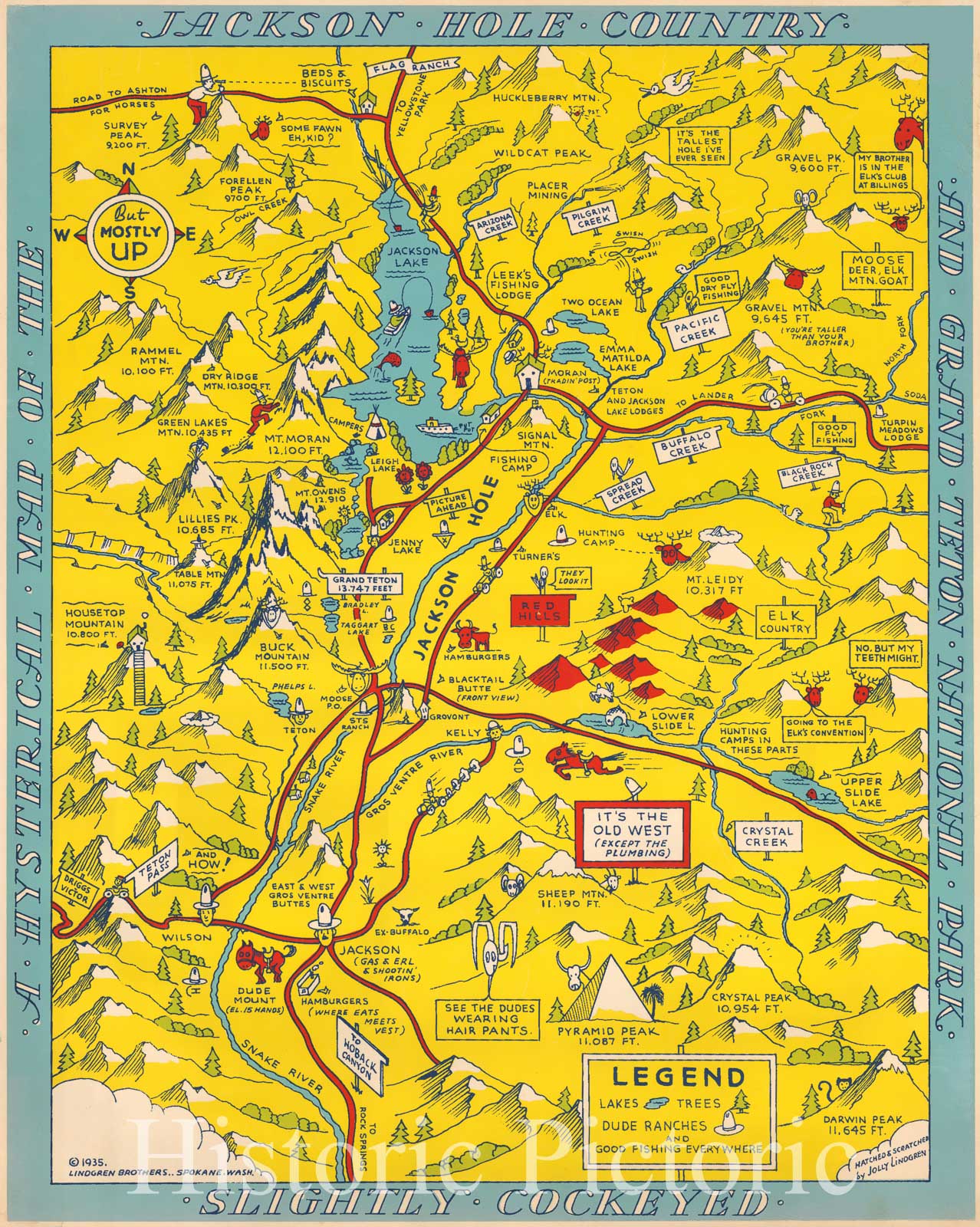 Historic Map - A Hysterical Map Of The Jackson Hole Country and Grand Teton National Park Slightly Cockeyed, 1935, Lindgren Brothers - Vintage Wall Art