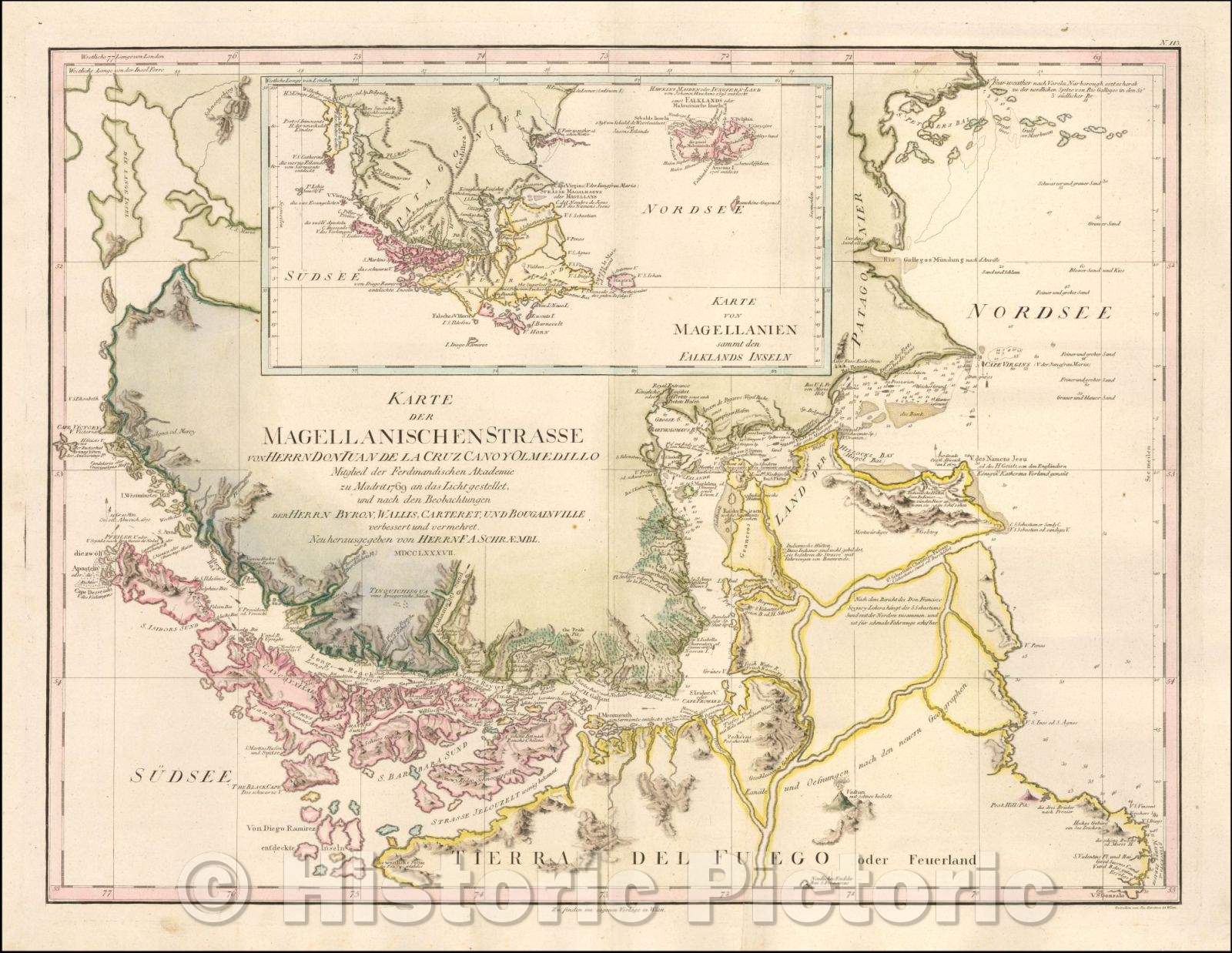 Historic Map - (Straits of Magellan) Karte der Magellanischen Strasse von Herrn Don Iuan :: Straits of Magellan, 1787 - Vintage Wall Art