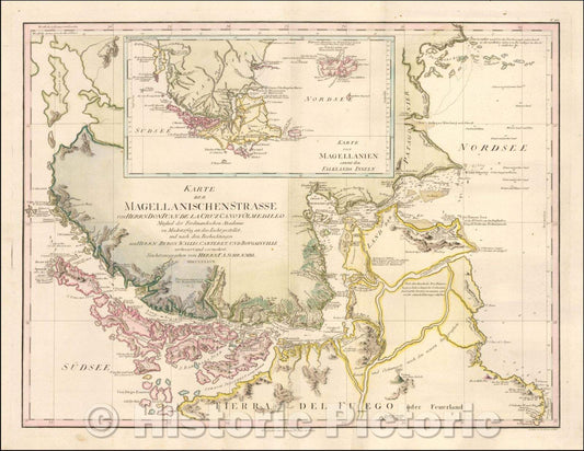 Historic Map - (Straits of Magellan) Karte der Magellanischen Strasse von Herrn Don Iuan :: Straits of Magellan, 1787 - Vintage Wall Art