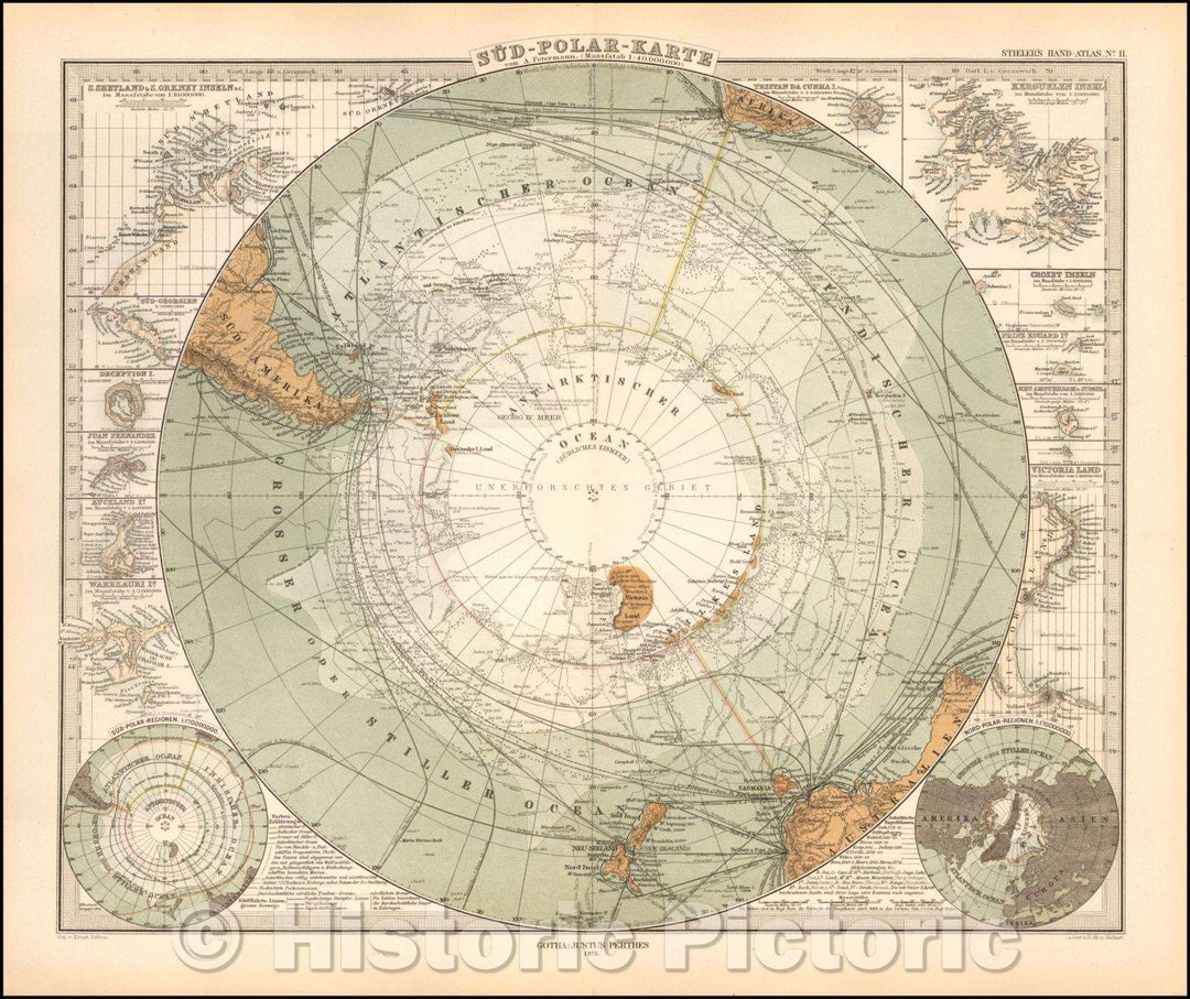 Historic Map - Sud-Polar-Karte/Map of the south polar Regions, illustrating the great precision of Stieler's work, 1874, Adolf Stieler - Vintage Wall Art