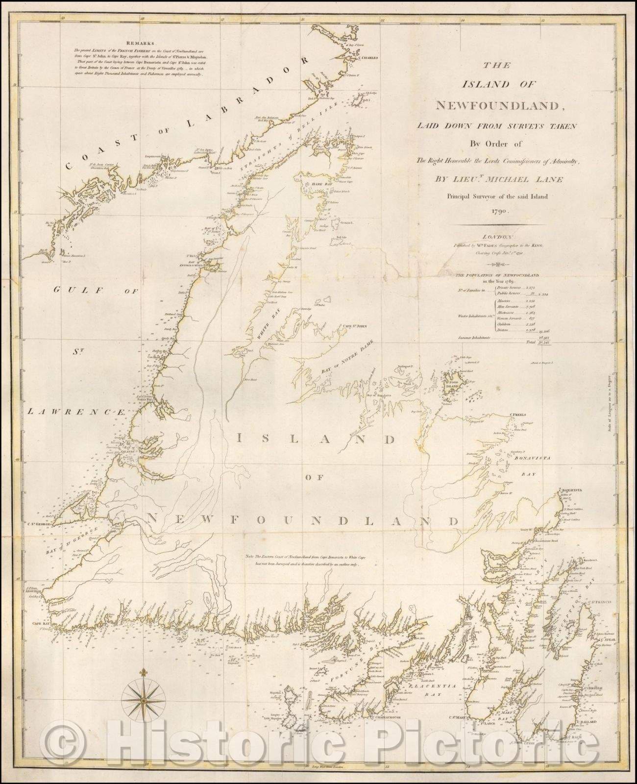 Historic Map - The Island of Newfoundland, 1791, William Faden - Vintage Wall Art
