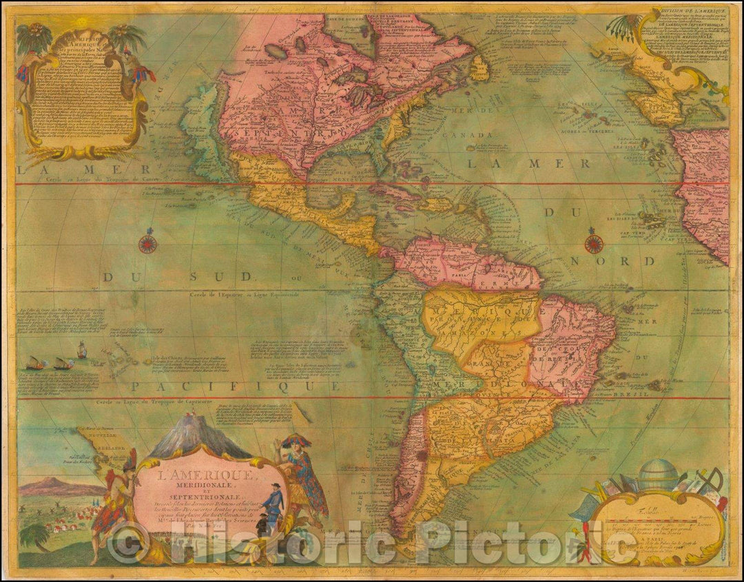 Historic Map - L'Amerique Meridionale, et Septentrionale Dressee selon les dernieres/The Meridionale America, North, 1726, Nicolas de Fer - Vintage Wall Art