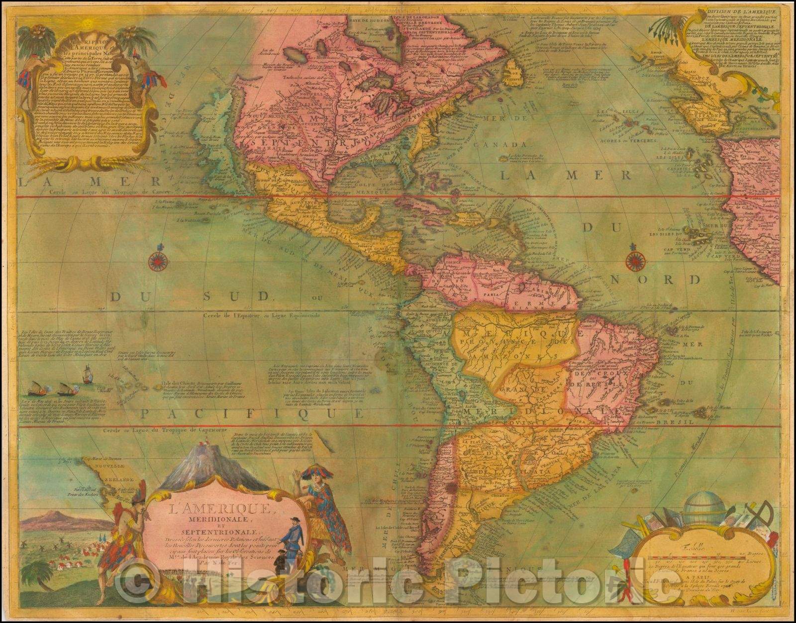 Historic Map - L'Amerique Meridionale, et Septentrionale Dressee selon les dernieres/The Meridionale America, North, 1726, Nicolas de Fer - Vintage Wall Art