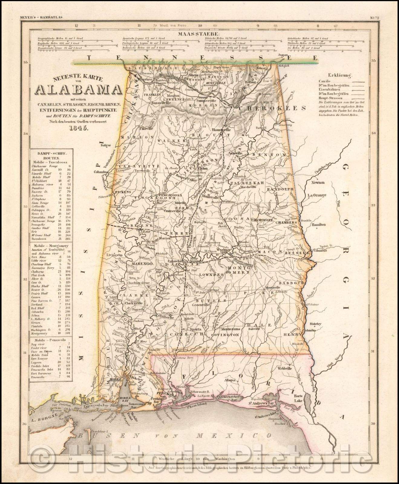 Historic Map - Neueste Karte von Alabama, 1845, Joseph Meyer - Vintage Wall Art