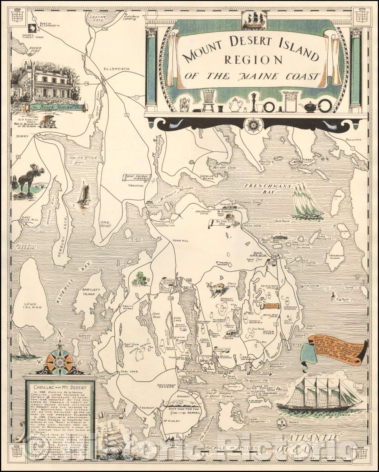 Historic Map - Mount Desert Island Region of the Maine Coast, 1941, Luther S. Phillips - Vintage Wall Art