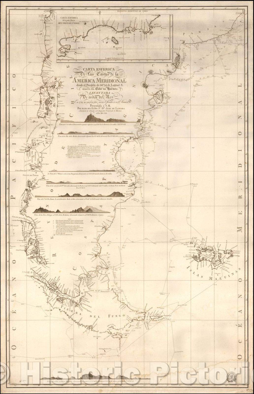 Historic Map - Carta Esferica De Las Costas de la America Meridional desde Paralelo, S. Hasta el Cabo de Hornos. Levantada de Orden del Rey, 1798 v1