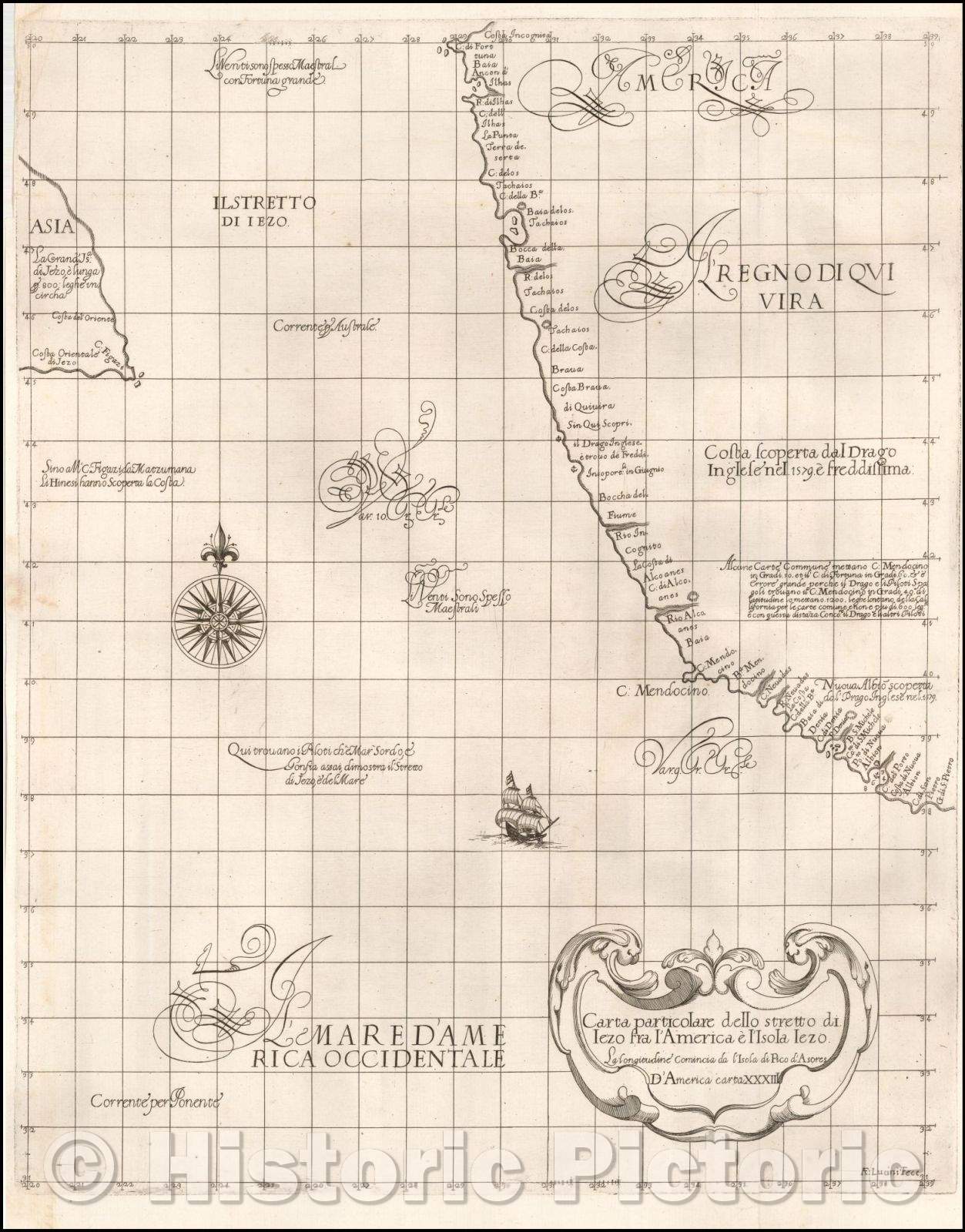 Historic Map - Carta particolare dello stretto di Iezo fra l'America e I'Isola Iezo/The First Printed Sea Chart of the Northwest Coast of North America, 1647 - Vintage Wall Art