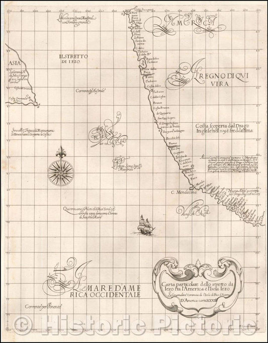 Historic Map - Carta particolare dello stretto di Iezo fra l'America e I'Isola Iezo/The First Printed Sea Chart of the Northwest Coast of North America, 1647 - Vintage Wall Art