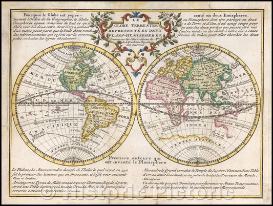 Historic Map - Le Globe Terrestre Represente En Deux Plans-Hemispheres 1729/The Globe In Represents Two-maps Hemispheres. 1729, 1729, Jacques Chiquet - Vintage Wall Art