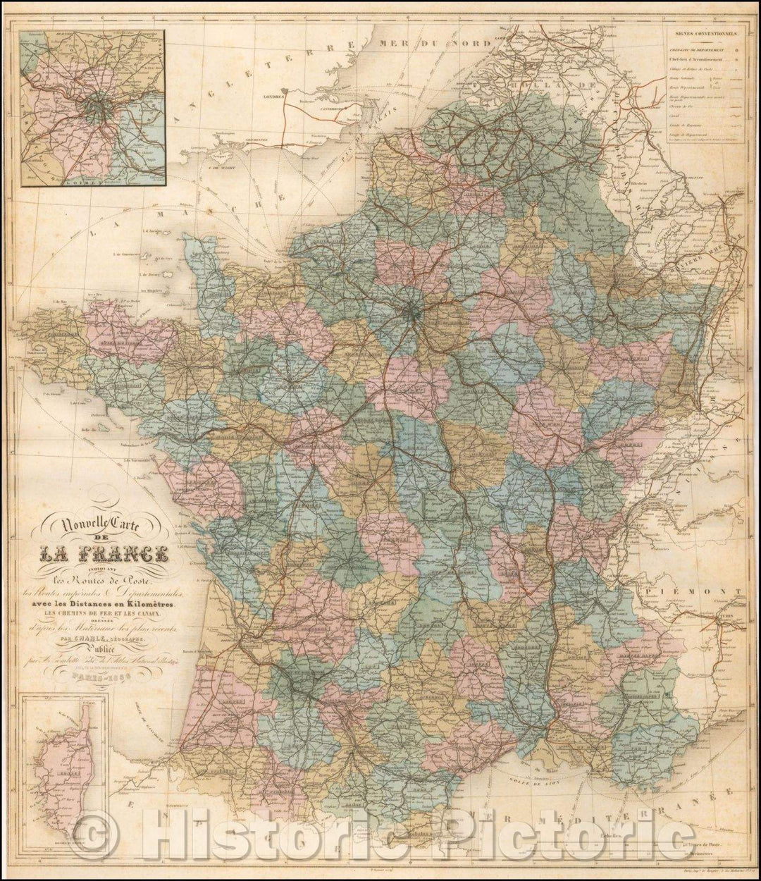 Historic Map - Nouvelle Carte de La France Indiquant les Routes de Poste, les Routes :: Postal, railroad and canal of France, illustrate the Atlas Nationale, 1856 - Vintage Wall Art