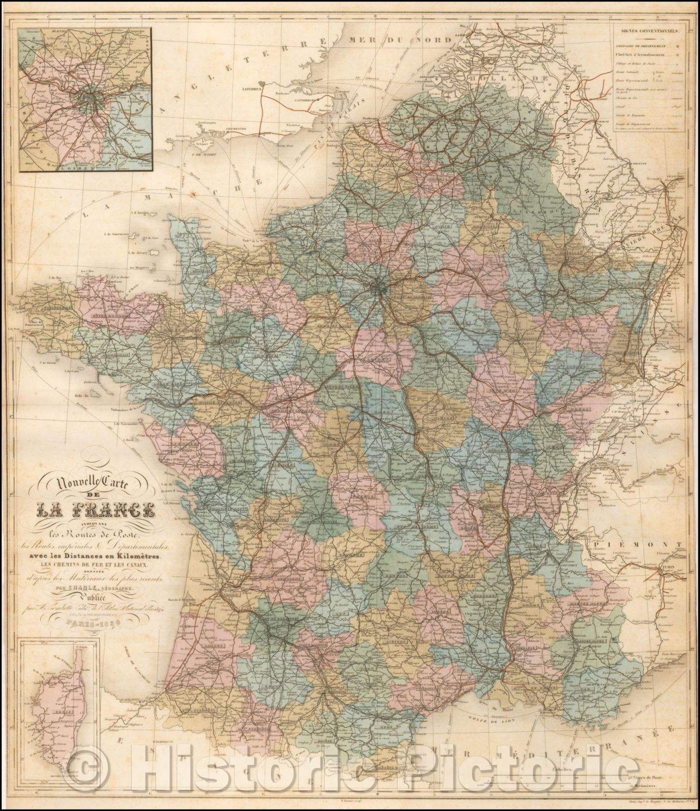 Historic Map - Nouvelle Carte de La France Indiquant les Routes de Poste, les Routes :: Postal, railroad and canal of France, illustrate the Atlas Nationale, 1856 - Vintage Wall Art