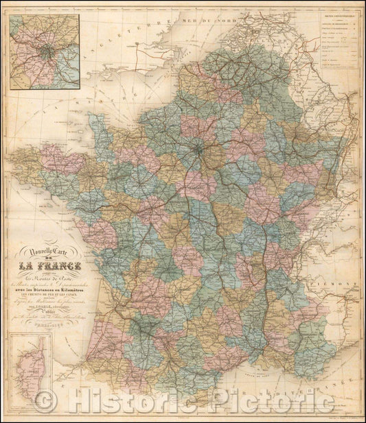 Historic Map - Nouvelle Carte de La France Indiquant les Routes de Poste, les Routes :: Postal, railroad and canal of France, illustrate the Atlas Nationale, 1856 - Vintage Wall Art
