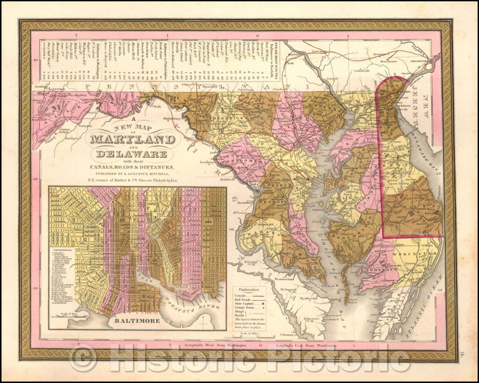 Historic Map - A New Map Of Maryland and Delaware with their Canals, Roads, Distances, 1847, Samuel Augustus Mitchell - Vintage Wall Art