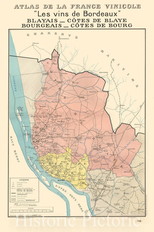 Historic Map - Les vins de Bordeaux Blayais - Cotes de Blaye Bourgeais - Cote de Bourg :: Bordeaux Regional Maps, French Wine Country, 1941, Louis Larmat - Vintage Wall Art