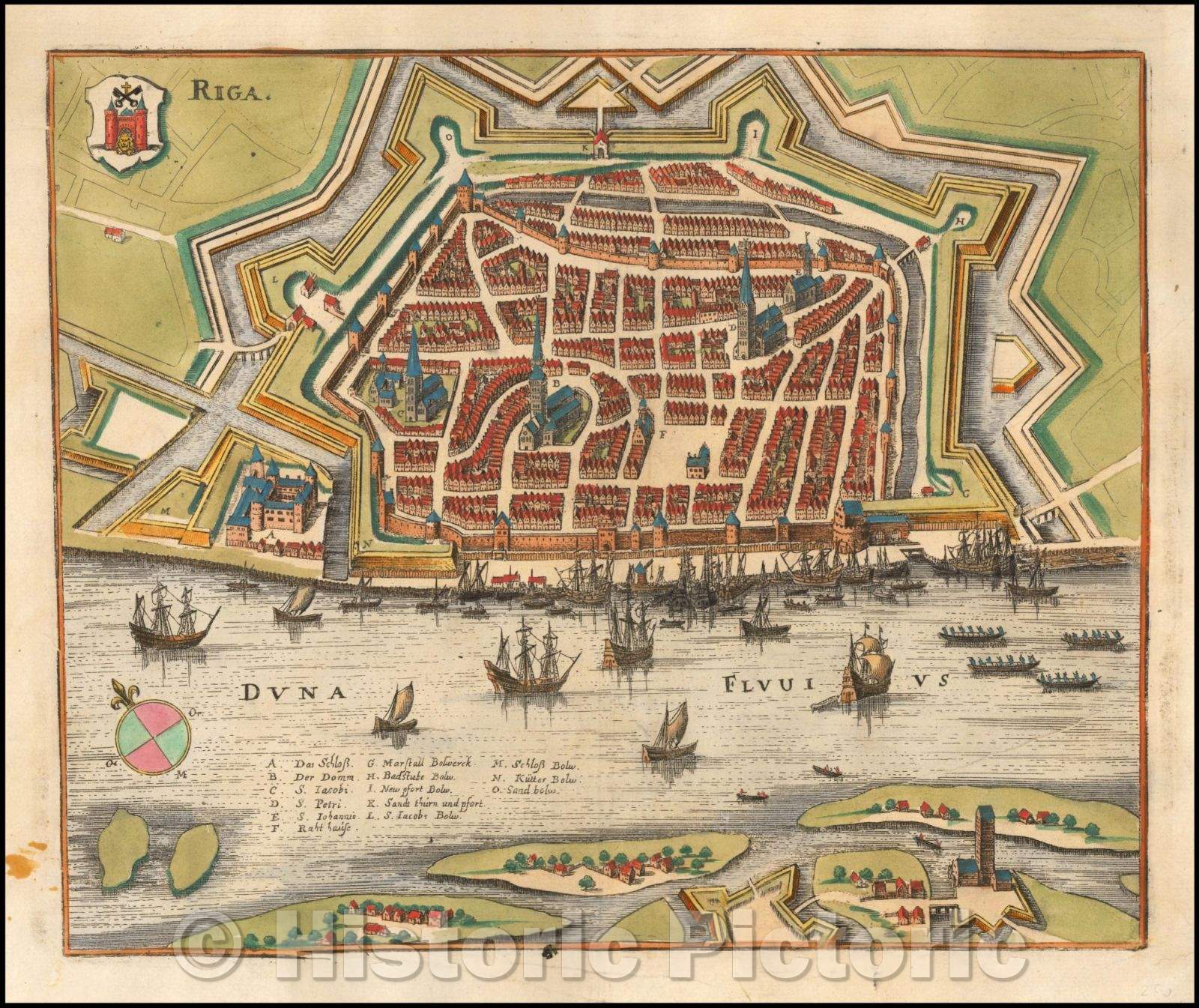 Historic Map - Riga, on the east coast of the Baltic Sea, the capital of Latvia, 1650, Matheus Merian v1