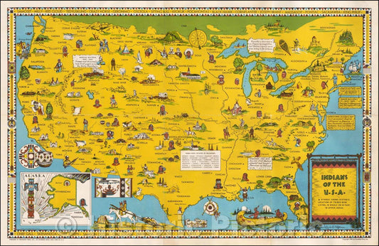 Historic Map - Indians of the U.S.A. A Symbol Showing Historic Locations of Tribes Now Living, In Whole or In Part, In Other Areas, 1944, Louise E. Jefferson - Vintage Wall Art