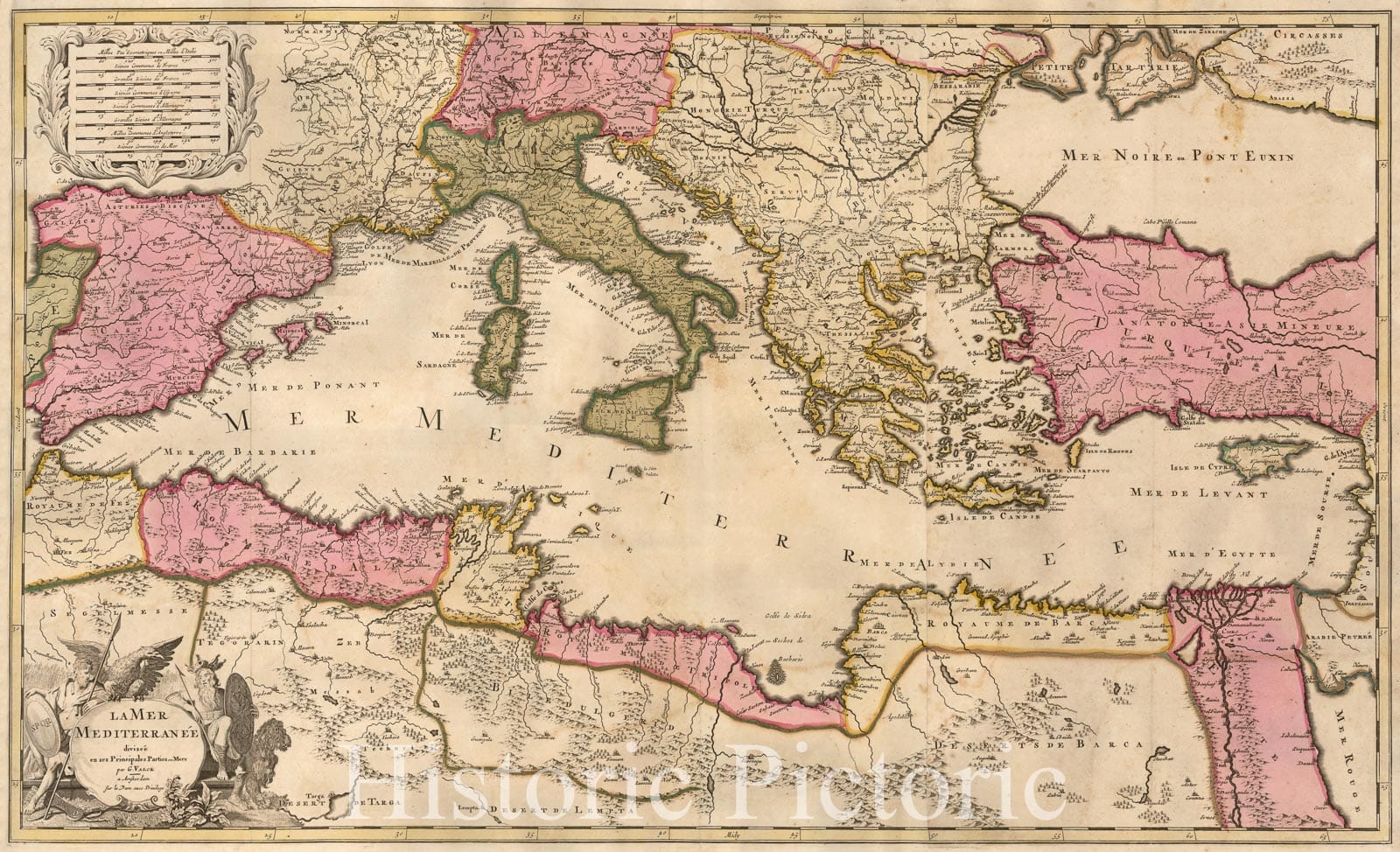 The Mediterranean Sea and its Principal Parts - Circa 1700 Hand-Colored Map