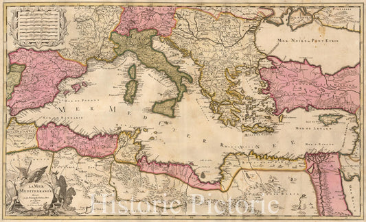 The Mediterranean Sea and its Principal Parts - Circa 1700 Hand-Colored Map
