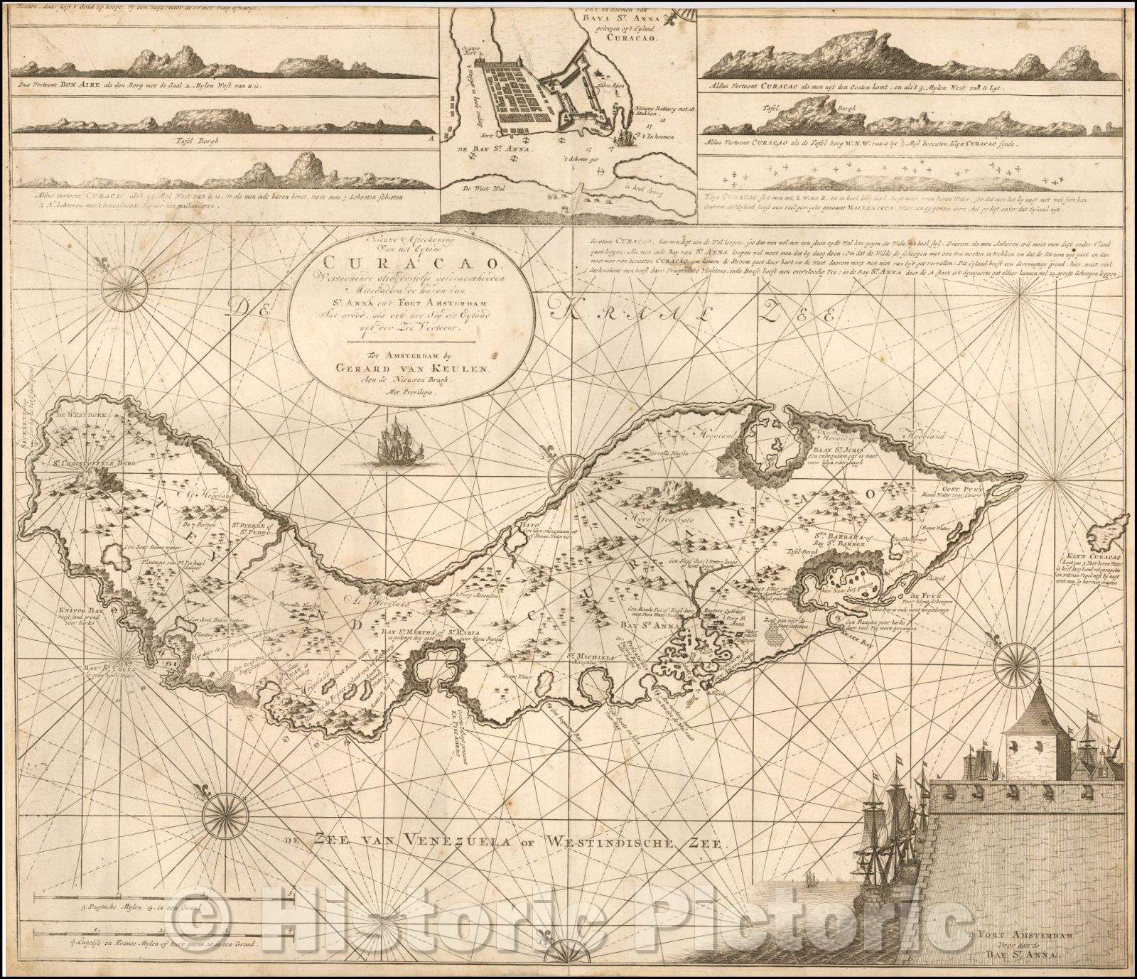 Historic Map - Nieuwe Afteekening van het Eyland Curacao vertoonende alle desselfs/Dutch Sea Chart of Cura?o, Van Keulen family in the 18th Century, 1751 - Vintage Wall Art