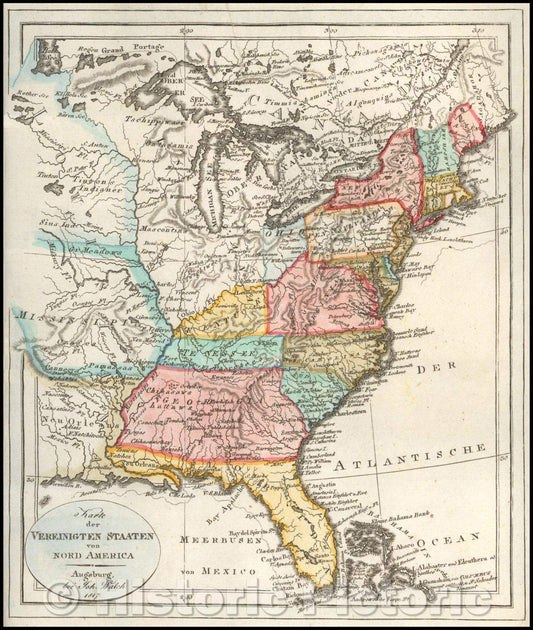 Historic Map - Karte der Verinigten Staaten von Nord America/Map of Verinigten States of North America, 1817, Johann Walch - Vintage Wall Art