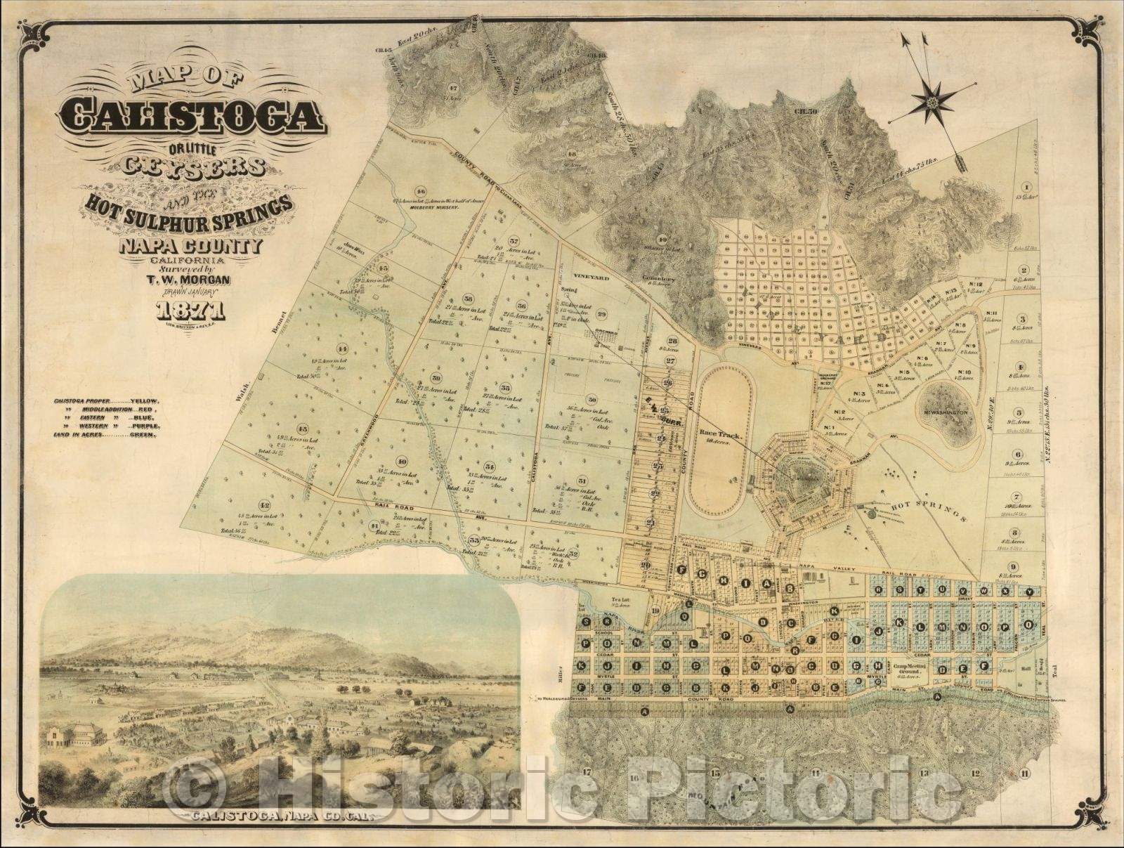 Historic Map - Map of Calistoga or Little Geyers and The Hot Sulphur Springs Napa County California. Surveyed, 1871, Thomas Wolfe Morgan - Vintage Wall Art