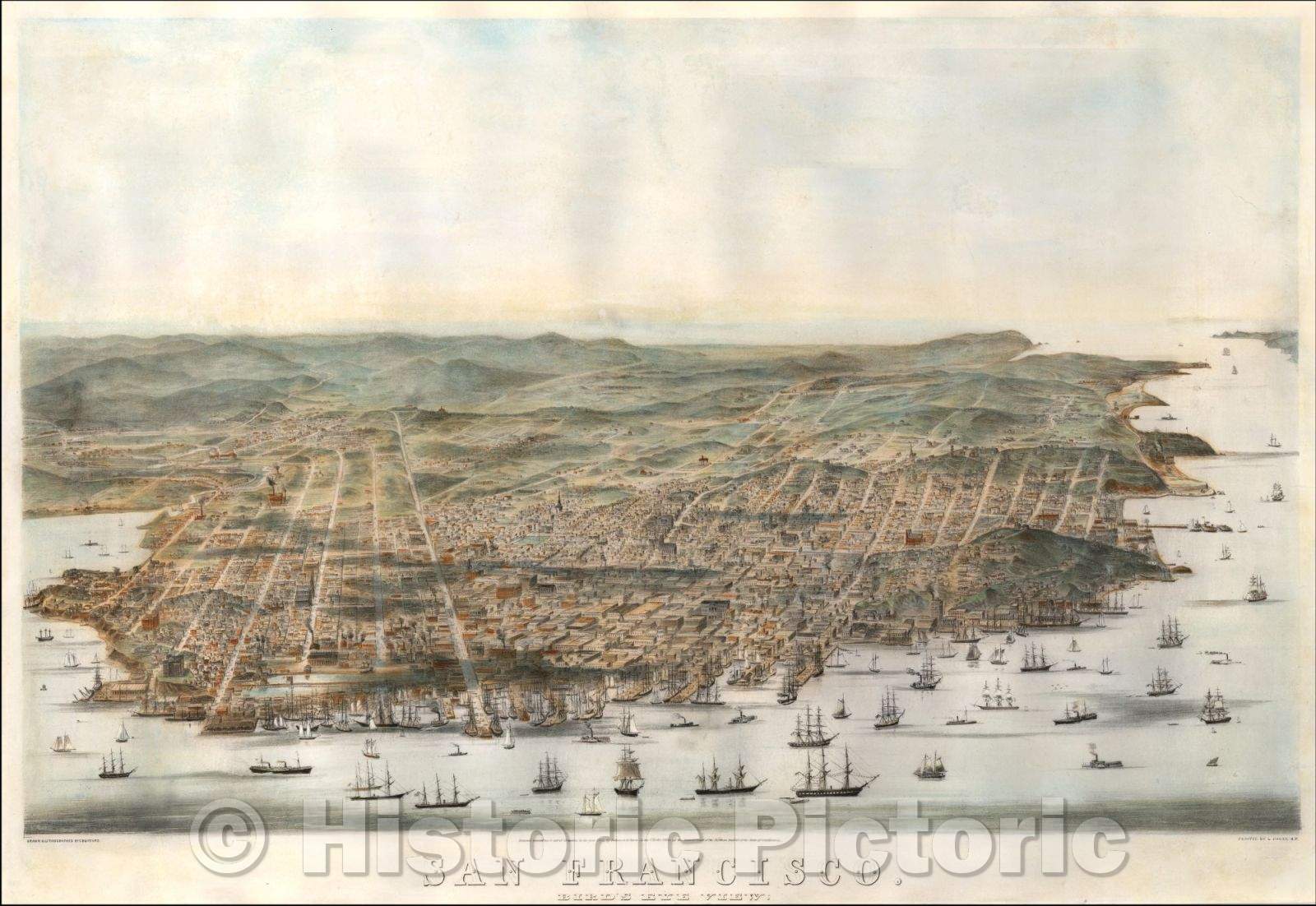 Historic Map - San Francisco. Bird's Eye View, 1864, Charles Braddock Gifford - Vintage Wall Art