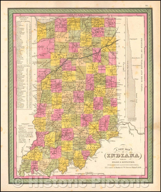 Historic Map - Indiana with its Roads & Distances, 1847, Samuel Augustus Mitchell - Vintage Wall Art