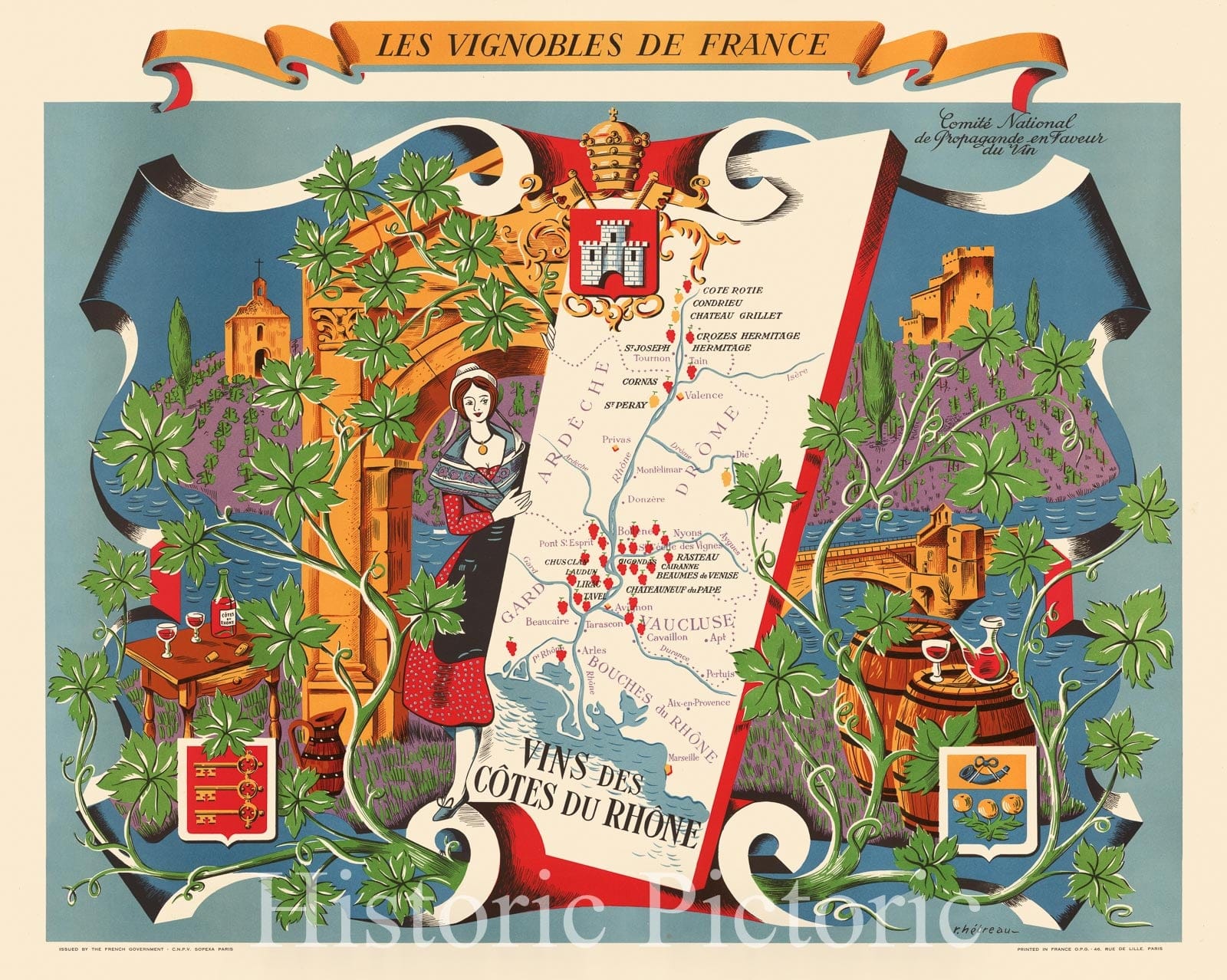 Historic Map - Les Vignobles De France - Cote de Rhone wines/The Vineyards of France, 1954 - Vintage Wall Art