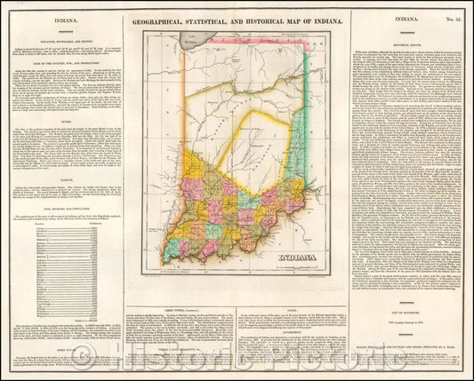 Historic Map - Geographical, Statistical and Historical Map of Indiana, 1822, Henry Charles Carey - Vintage Wall Art