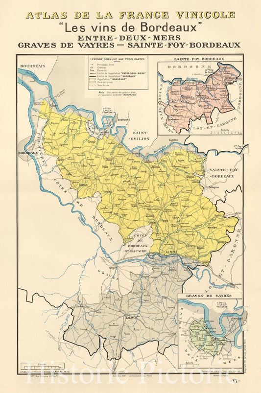 Historic Map - Les vins de Bordeaux Engre-Deux-Mers Graves de Vayres - Sainte-Foy-Bordeaux/Bordeaux Regional Maps, French Wine Country, 1941 - Vintage Wall Art