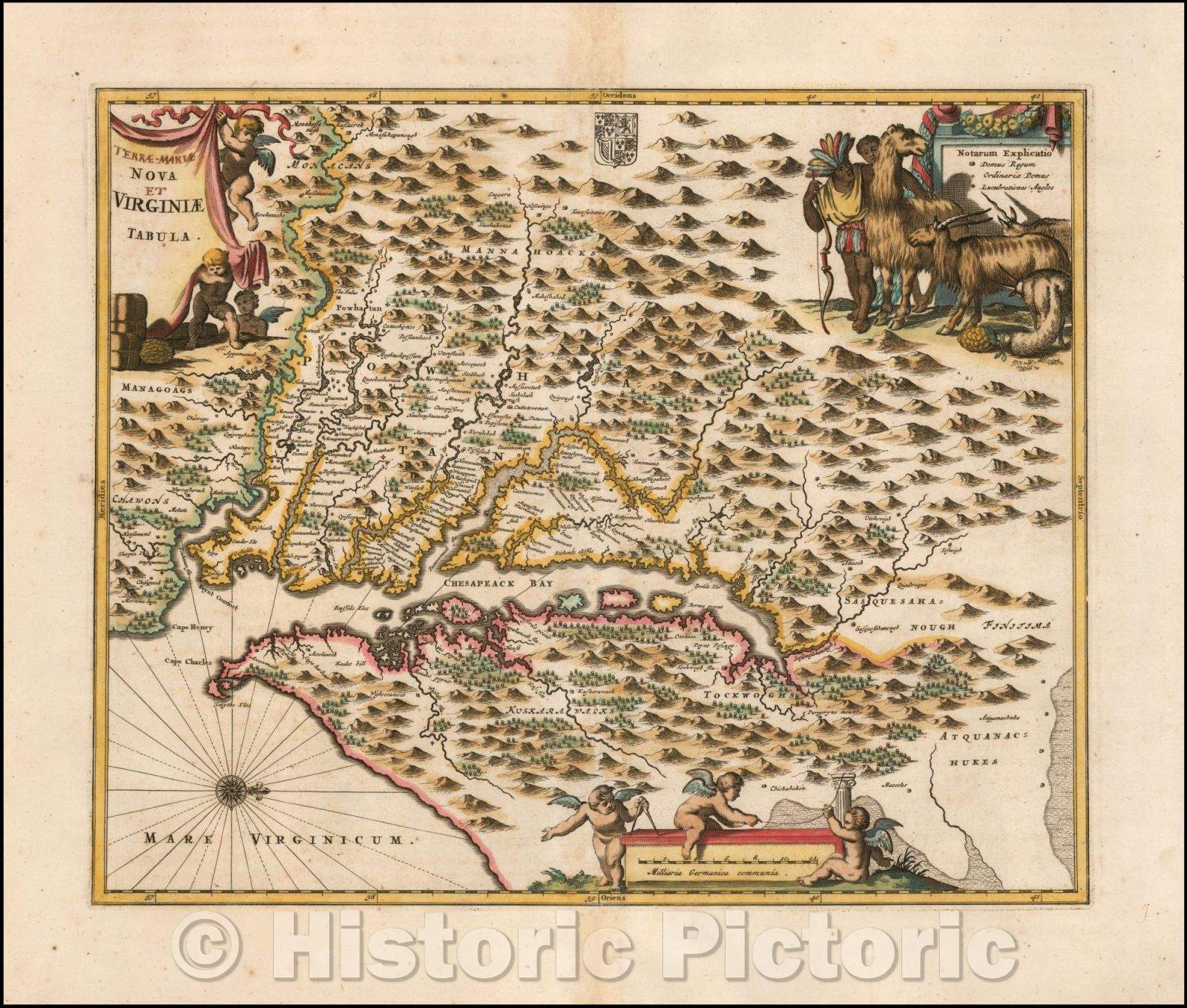 Historic Map - Nova Virginiae Tabula (title modified to Terrae-Mariae Nova et Virginia T :: Virginia (Title modified to Earth Maria Virginia and New with manus, 1671 - Vintage Wall Art