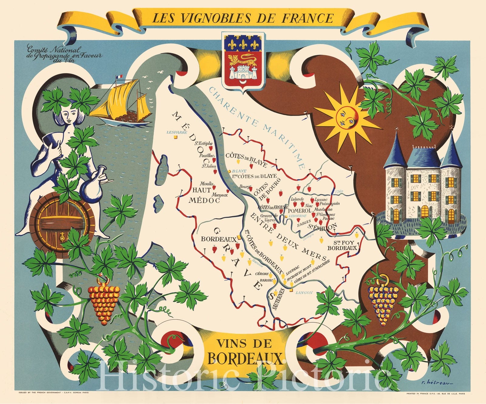 Historic Map - Les Vignobles De France - Vins De Bordeaux The Vineyards of France/Wines of Bordeaux, 1954, Remy Hetreau - Vintage Wall Art