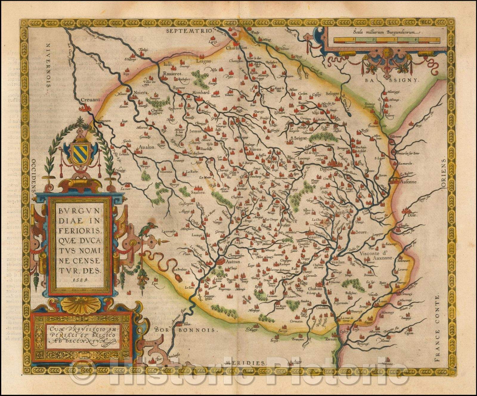 Historic Map - Burgundiae Inferioris Quae Ducatus Nomine Censetur Des. 1584 / Burgundy, including Avalon, Auttun, Chalons, Beaulne, Chastillon, 1585 - Vintage Wall Art