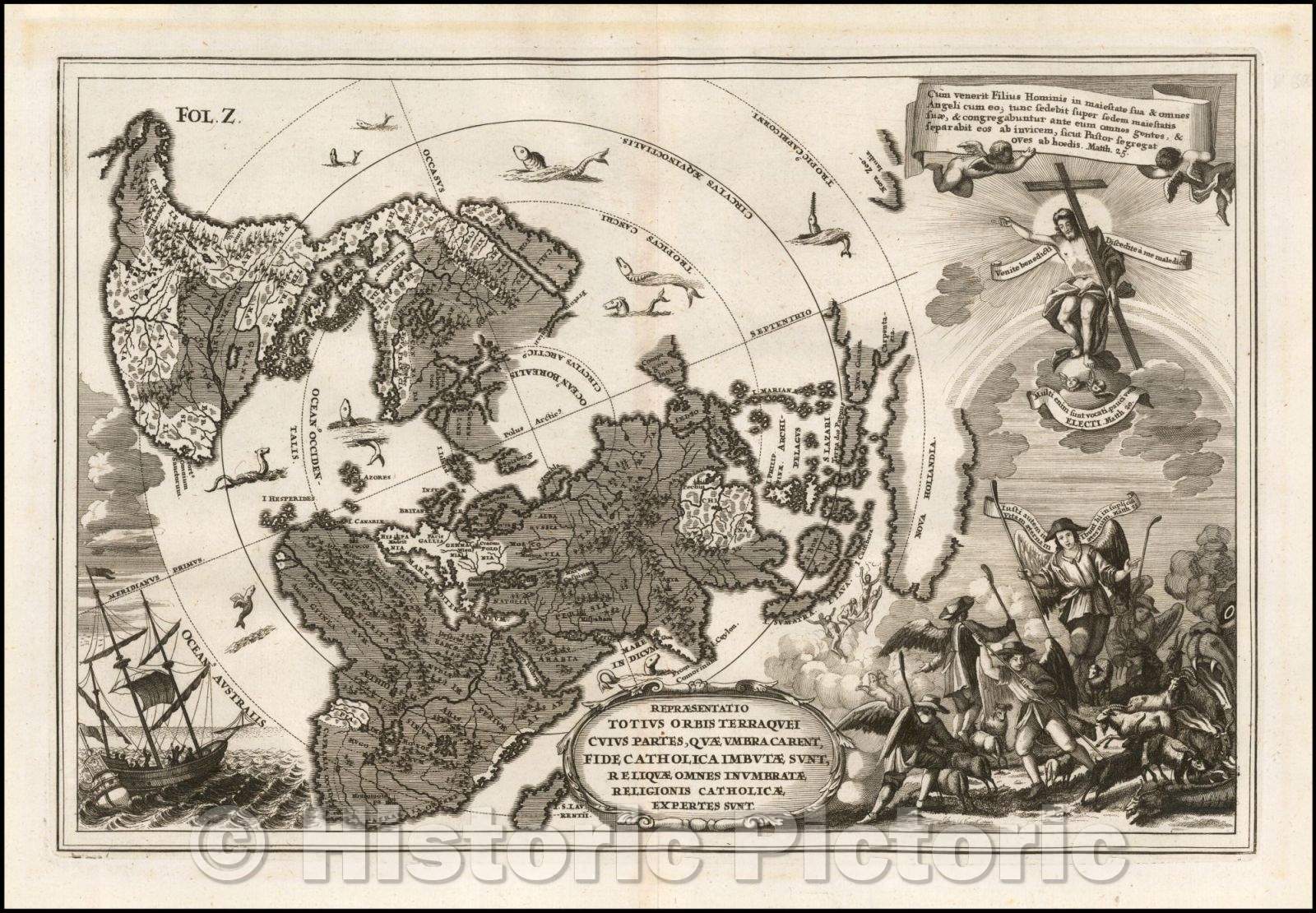 Historic Map - Repraesenatitio Totius Orbis Terraquei Cuius Partes, quae Unbra Carent, Fide Catholica Imutae Sunt, Reliquae Omens Inumbratae Expertes Sunt, 1702 v2
