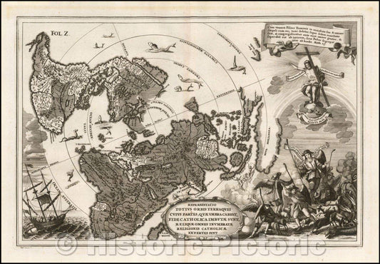 Historic Map - Repraesenatitio Totius Orbis Terraquei Cuius Partes, quae Unbra Carent, Fide Catholica Imutae Sunt, Reliquae Omens Inumbratae Expertes Sunt, 1702 v2