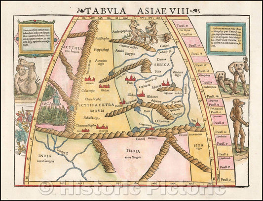 Historic Map - Tabula Asiae VIII [India & Central Asia with Monsters and Anthropomorphs], 1545, Sebastian M?nster - Vintage Wall Art