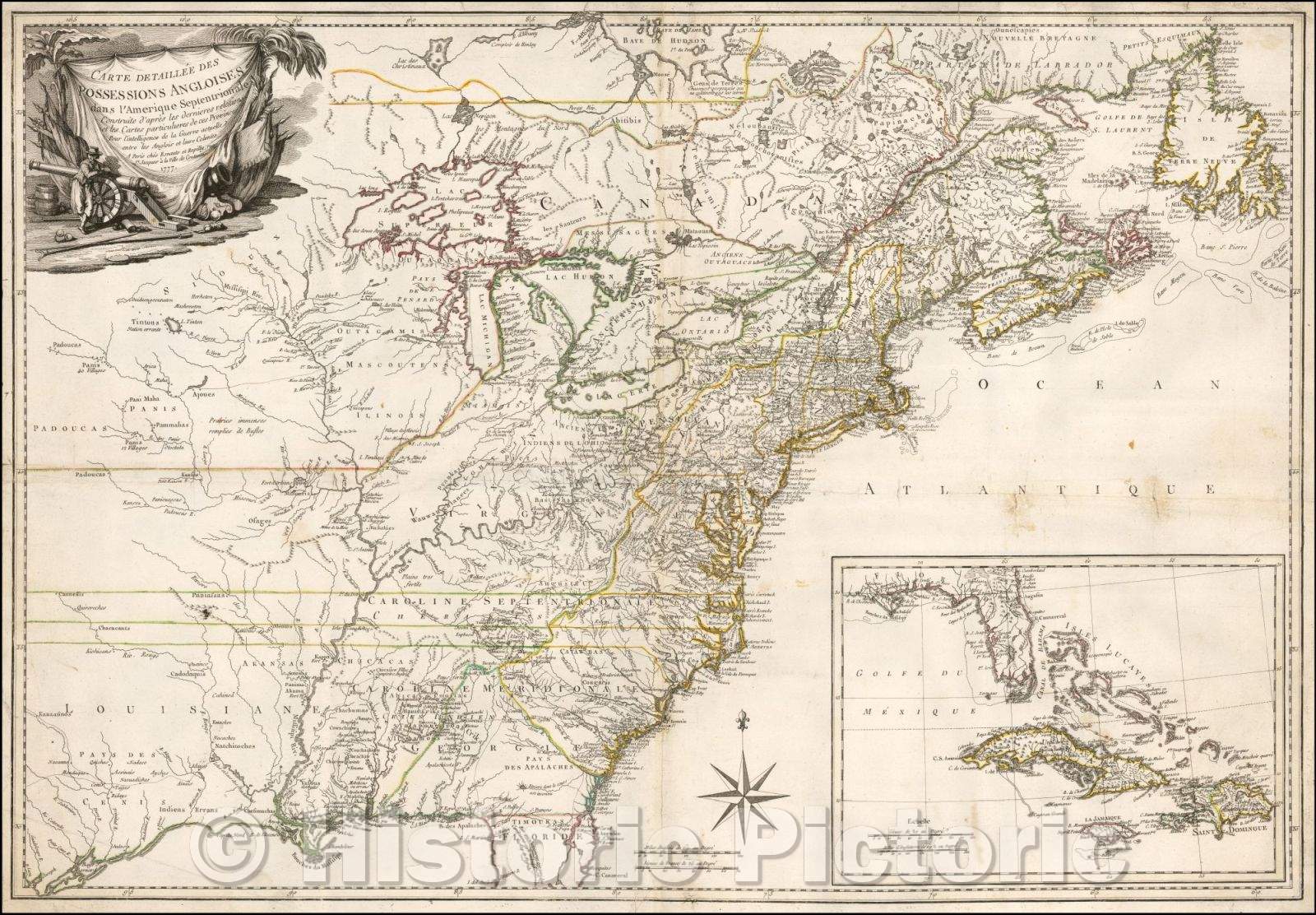 Historic Map - Carte Detaillee Des Possessions Angloises dans l'Amerique Septentrionale C :: A detailed Angloises Possessions in North America, 1777 - Vintage Wall Art